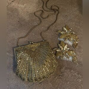 Elegant Gold Evening Clutch with sequin hair combs